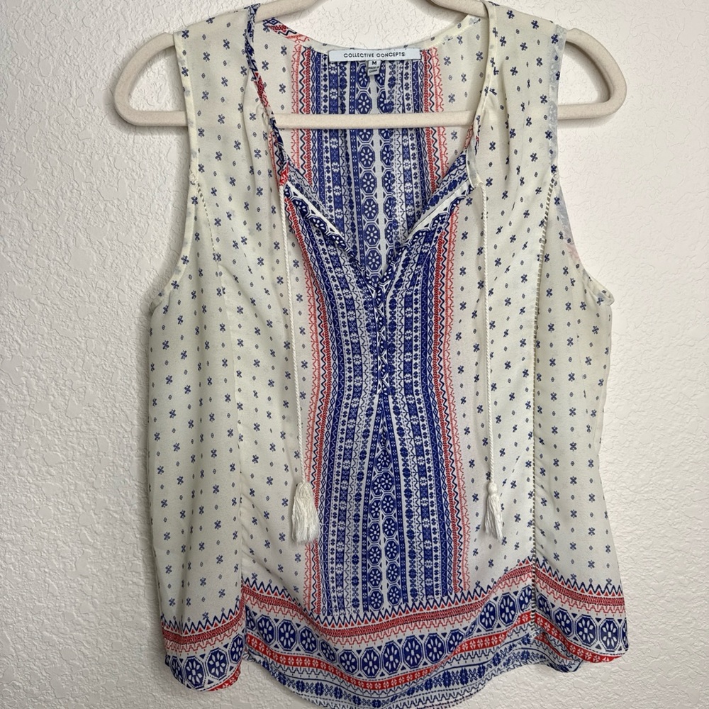Collective Concepts Cream Sleeveless Boho Tank with Blue & Orange Print, Size M